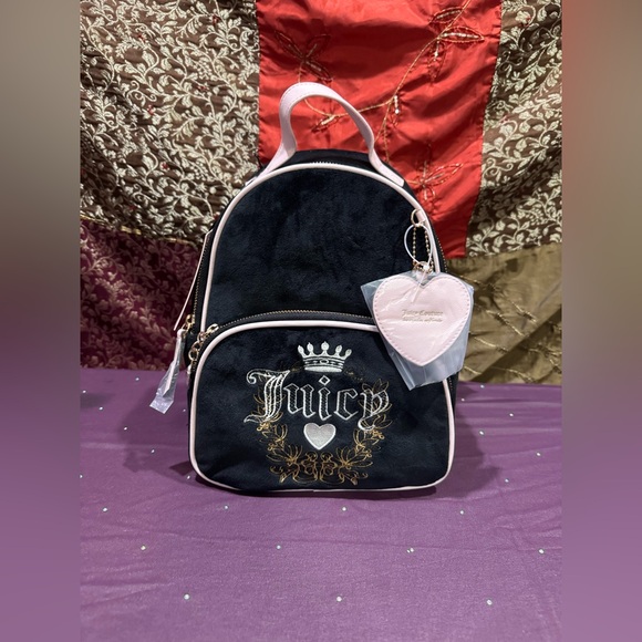 Juicy Couture Handbags - Juicy Couture Black and Light Pink Velvet Mini Backpack with Heart Charm